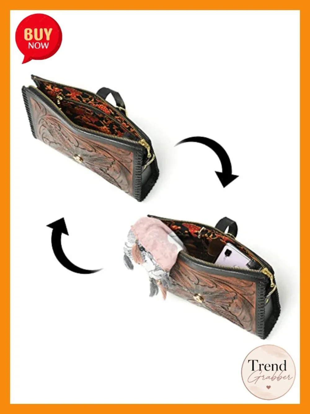 Genuine Leather Crossbody Bag for Women Sling Purse Satchel Hand-tooled Floral